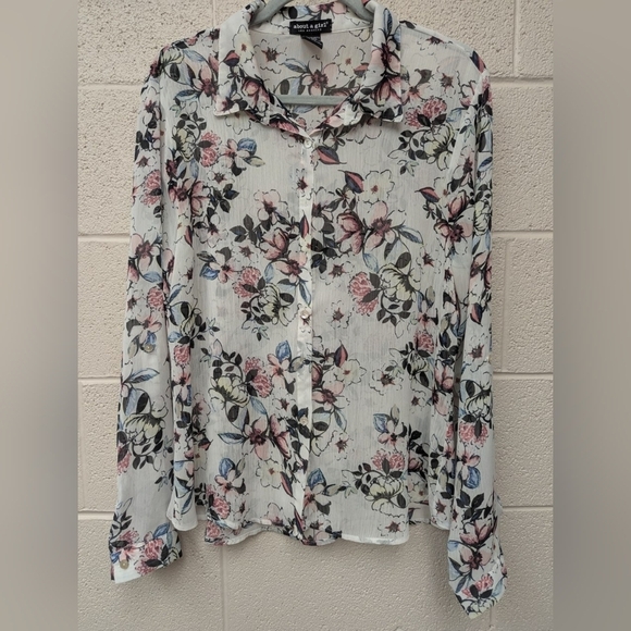 About a Girl size XL sheer floral button down blouse - Picture 1 of 10